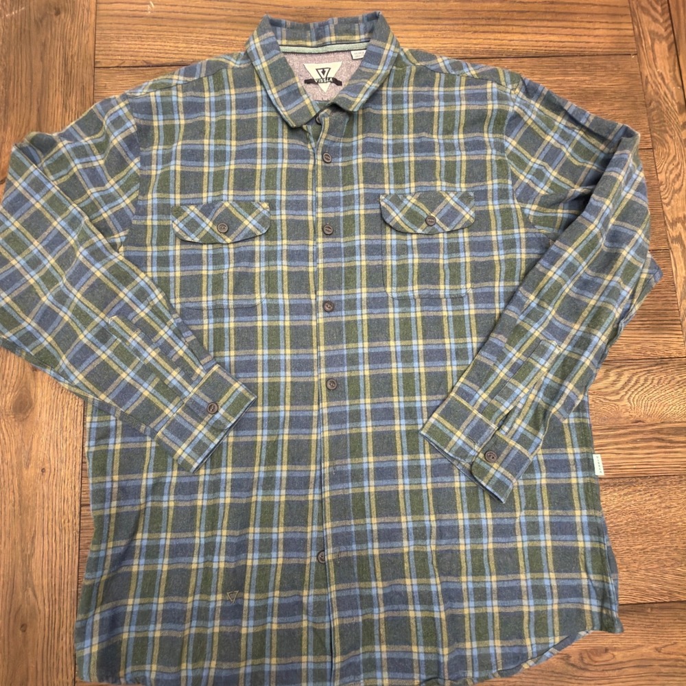 Vissla Mens XXL Blue Green Plaid Flannel Long Sleeve Button Down Shirt